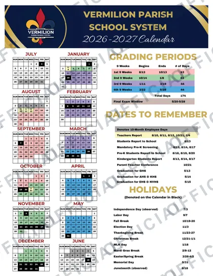Vermilion Parish School System vpsb 2026-27 calendar