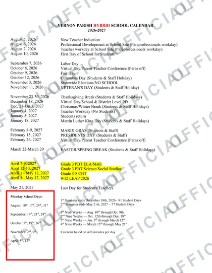 Vernon Parish School Board 2026-27 calendar