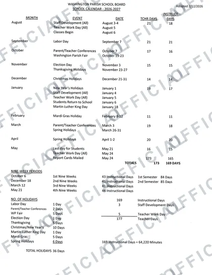 Washington Parish School Board 2026-27 calendar