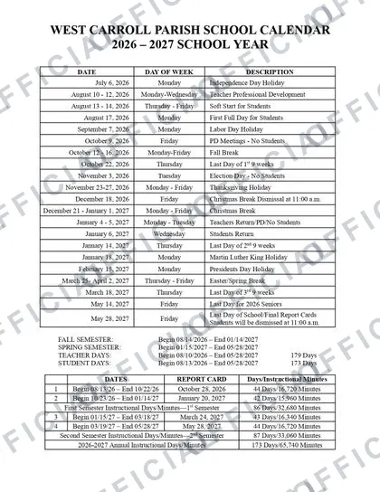 West Carrol Parish School 2026-27 calendar