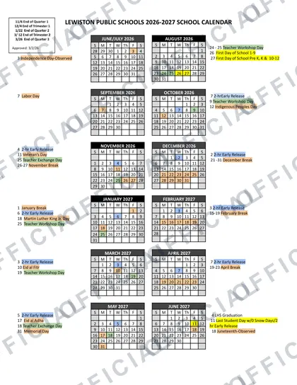 Lewiston Public Schools 2026-27 calendar