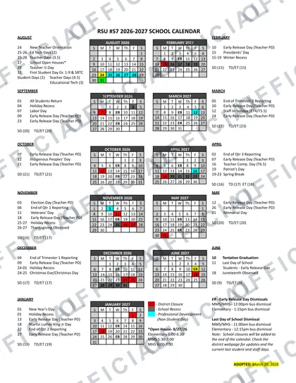 RSU #57 2026-27 calendar