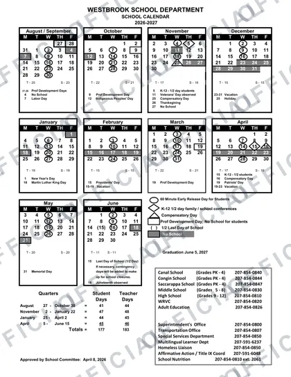 Westbrook School Department 2026-27 calendar