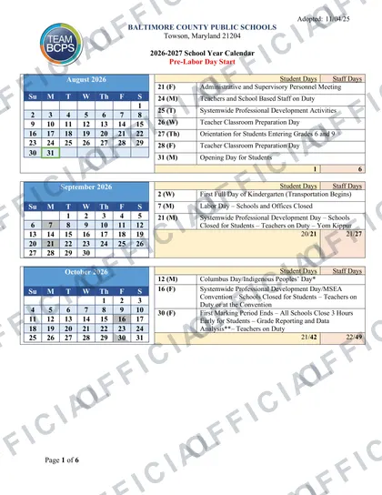 Baltimore County Public Schools 2026-27 calendar