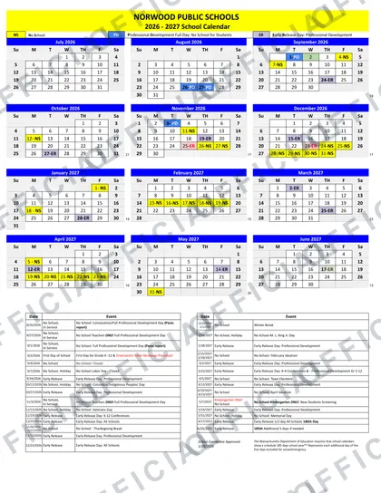 Norwood Public Schools 2026-27 calendar