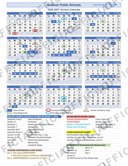Andover Public Schools 2026-27 calendar