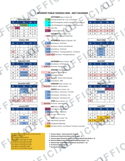 Belmont Public Schools 2026-27 calendar