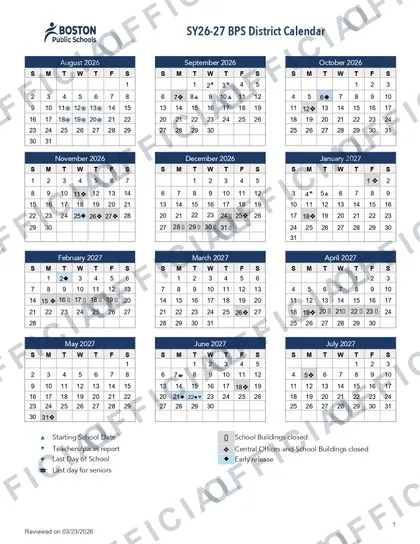 Boston Public Schools 2026-27 calendar