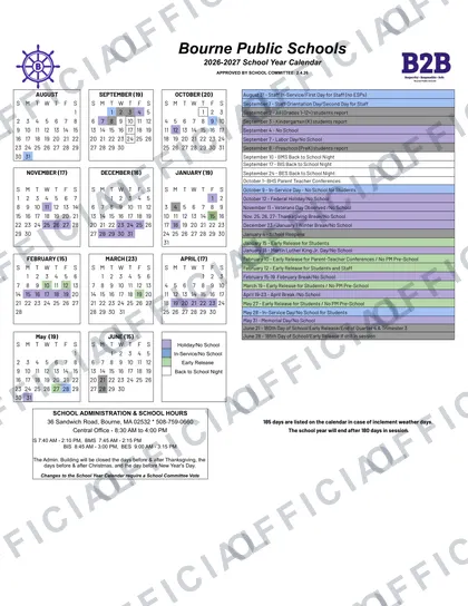 Bourne Public Schools 2026-27 calendar