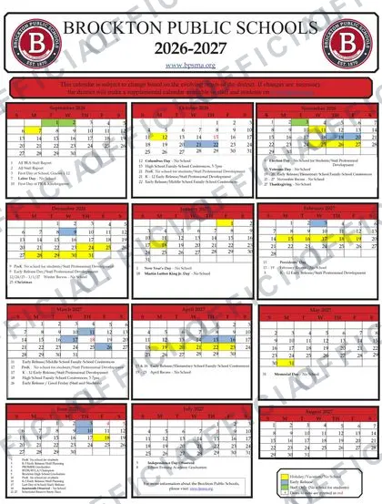 Brockton Public Schools 2026-27 calendar