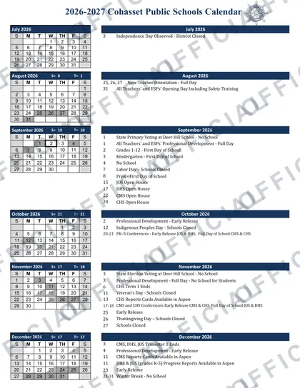 Cohasset Public Schools 2026-27 calendar