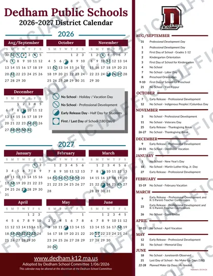 Dedham Public Schools 2026-27 calendar