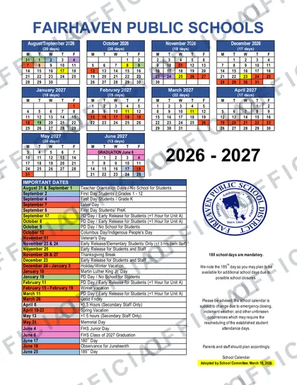 Fairhaven Public Schools 2026-27 calendar