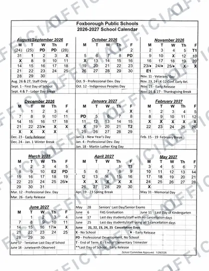 Foxborough Public Schools 2026-27 calendar