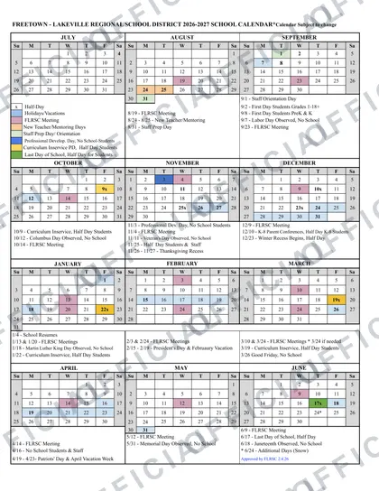Freetown-Lakeville Regional School District 2026-27 calendar