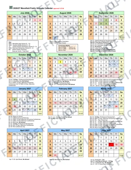 Mansfield Public Schools 2026-27 calendar