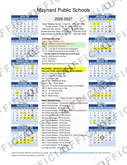 Maynard Public Schools 2026-27 calendar