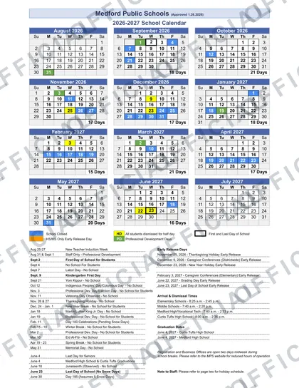 Medford Public Schools 2026-27 calendar