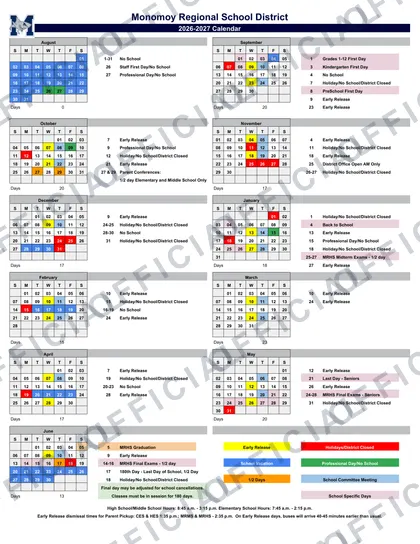 Monomoy Regional School District 2026-27 calendar