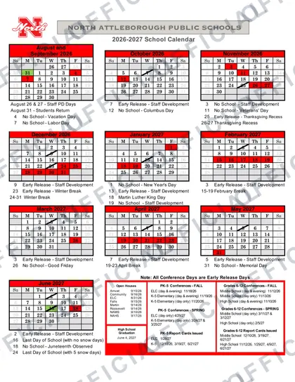 North Attleborough Public Schools 2026-27 calendar