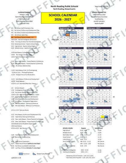 North Reading Public Schools 2026-27 calendar