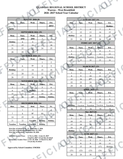 Quaboag Regional School District 2026-27 calendar