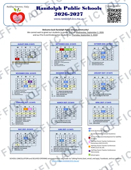 Randolph Public Schools 2026-27 calendar