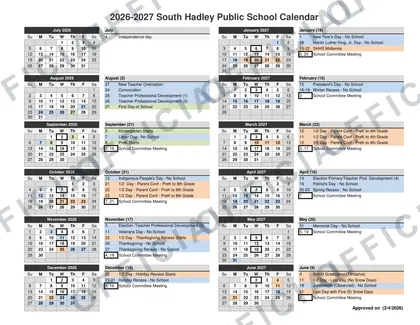 South Hadley Public Schools 2026-27 calendar