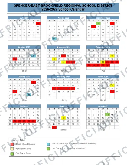 Spencer-East Brookfield Regional School District 2026-27 calendar