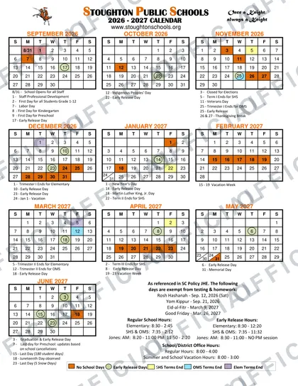 Stoughton Public Schools 2026-27 calendar