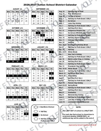 Sutton School District 2026-27 calendar