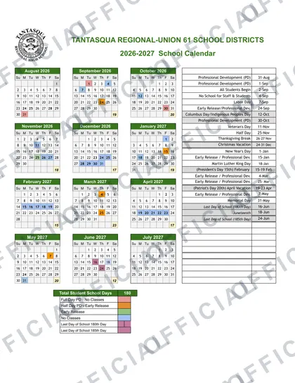 Tantasqua Regional-Union 61 2026-27 calendar