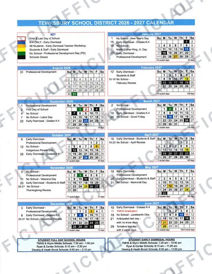 Tewksbury School District 2026-27 calendar