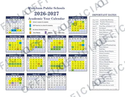 Wareham Public Schools 2026-27 calendar