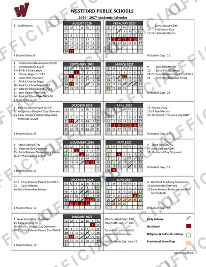 Westford Public Schools 2026-27 calendar