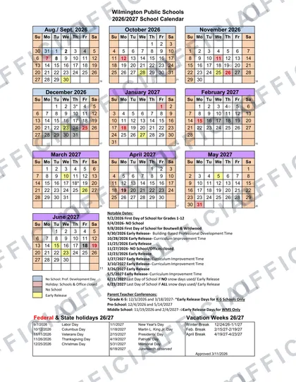 Wilmington Public Schools 2026-27 calendar