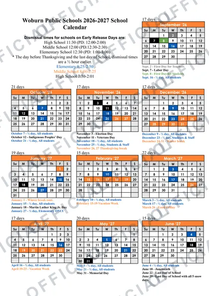 Woburn Public Schools 2026-27 calendar