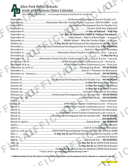 Allen Park Public Schools 2026-27 calendar