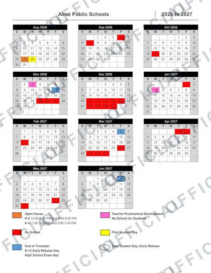 Alma Public Schools 2026-27 calendar