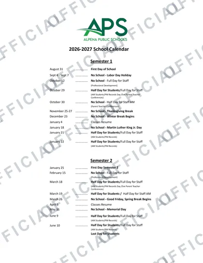 Alpena Public Schools 2026-27 calendar