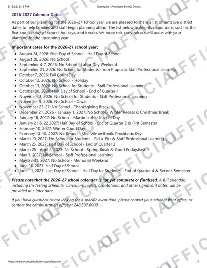 Avondale School District 2026-27 calendar