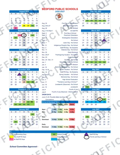 Bedford Public Schools 2026-27 calendar