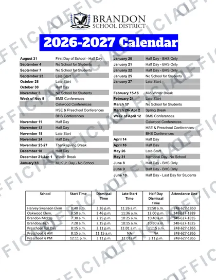 Brandon School District 2026-27 calendar