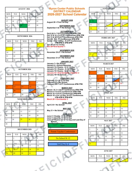 Byron Center Public Schools 2026-27 calendar