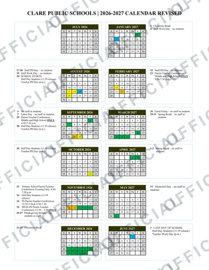CLARE PUBLIC SCHOOLS 2026-27 calendar