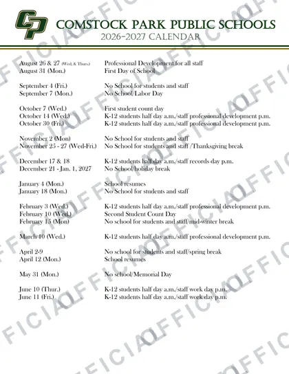 Comstock Park Public Schools 2026-27 calendar