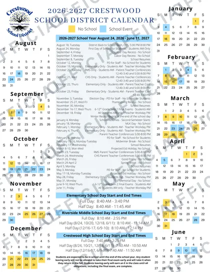 CRESTWOOD SCHOOL DISTRICT 2026-27 calendar