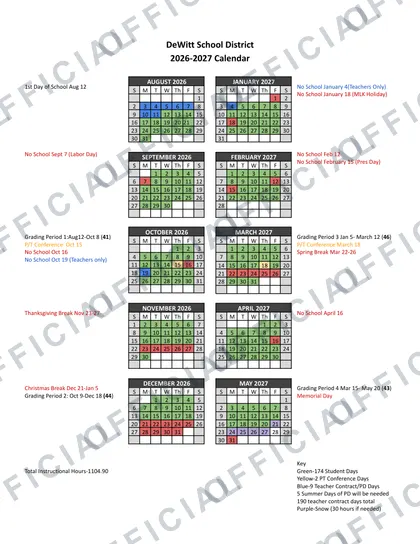 DeWitt School District 2026-27 calendar