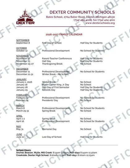 Dexter Community Schools 2026-27 calendar