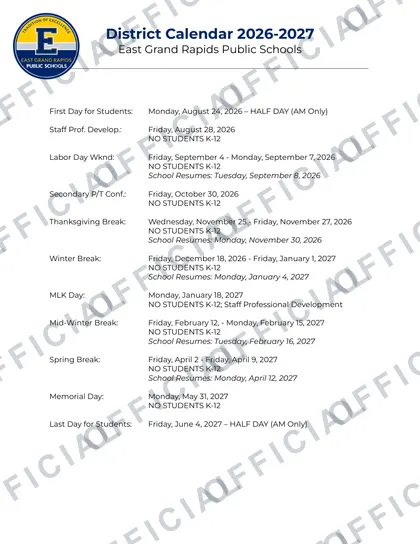 East Grand Rapids Public Schools 2026-27 calendar